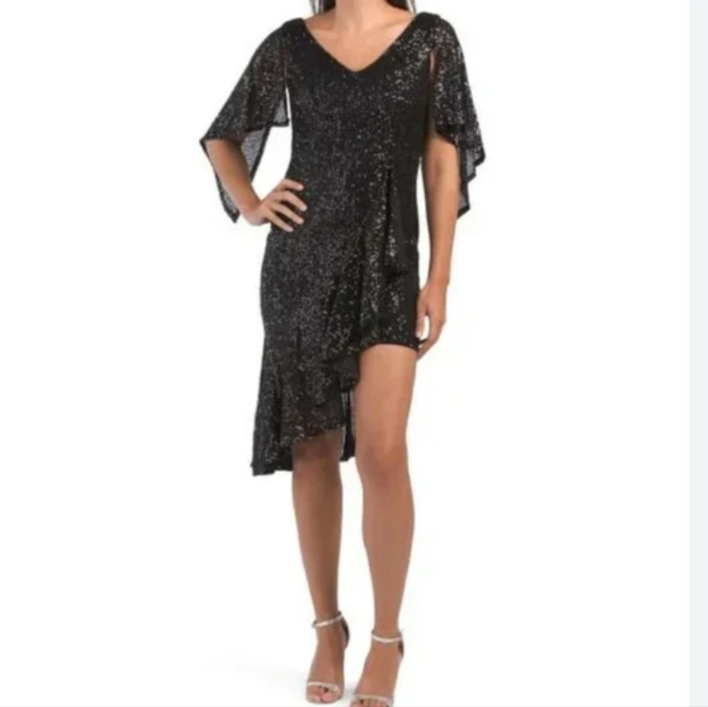 Dalia Macphee Sequin Cape Dress Ruffle  Assymetrical Hem Black Medium